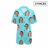 FacePajamas Pajama 3 Faces / Sky blue / S #Plus Size Pajama Set-[Up To 4 Faces] Custom Face Solid Color Loungewear Personalized Photo Sleepwear Women's V-Neck Short Pajama Set