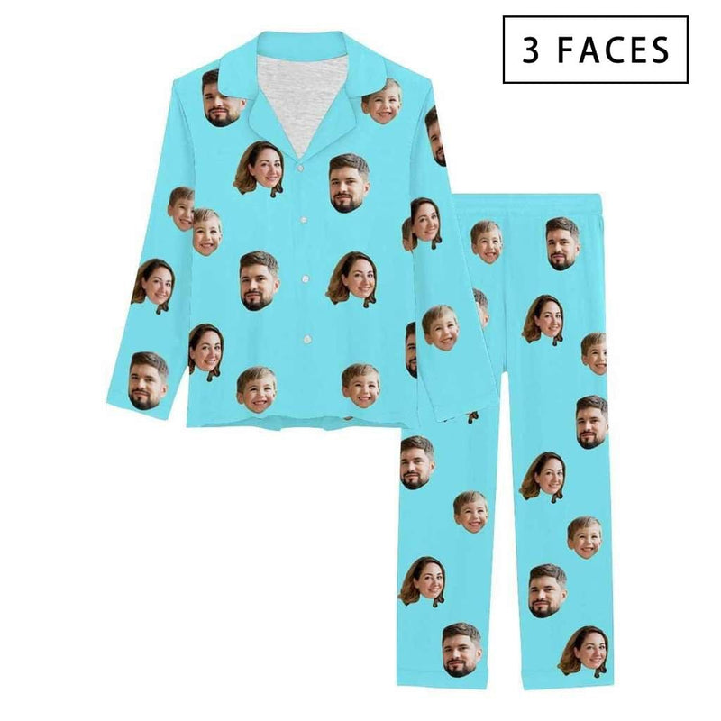 FacePajamas Pajama 3 Faces / Sky blue / XS [Up To 4 Faces] Persoanlized Sleepwear Custom Photo Funny Pajamas With Faces On Them Women's Long Pajama Set