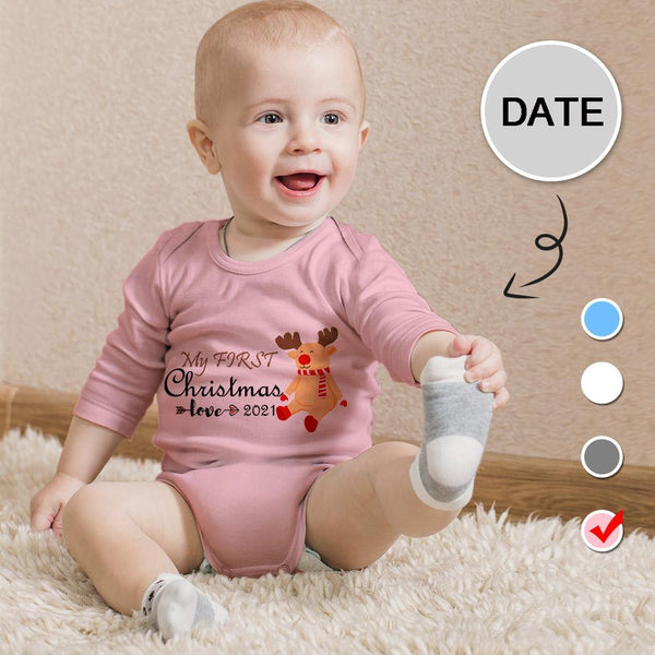 FacePajamas Baby Pajama 3 MONTHS / Blue Custom Date My First Ch istmas Infant Bodysuit One Piece Jumpsuit Personalized Long Sleeve Rompers Baby Clothes