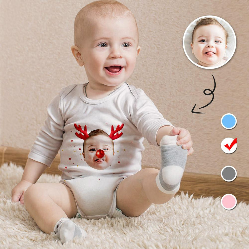 FacePajamas Baby Pajama 3 MONTHS / Blue Custom Face Ch istmas Antlers Infant Bodysuit One Piece Jumpsuit Personalized Long Sleeve Rompers Baby Clothes