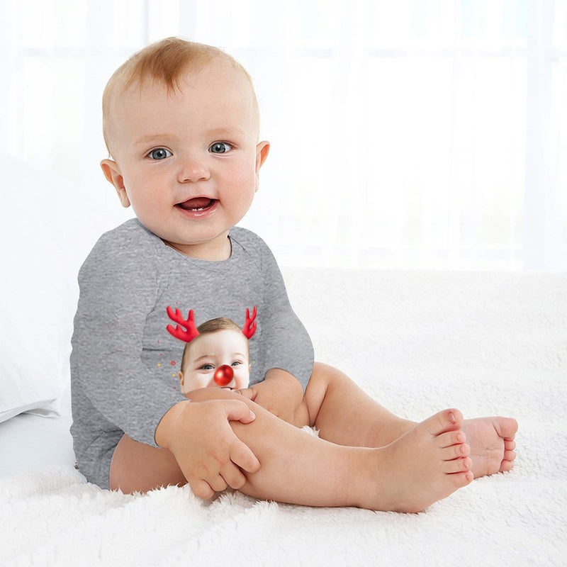 FacePajamas Baby Pajama 3 MONTHS / Gray Custom Face Christmas Antlers Infant Bodysuit One Piece Jumpsuit Personalized Long Sleeve Rompers Baby Clothes