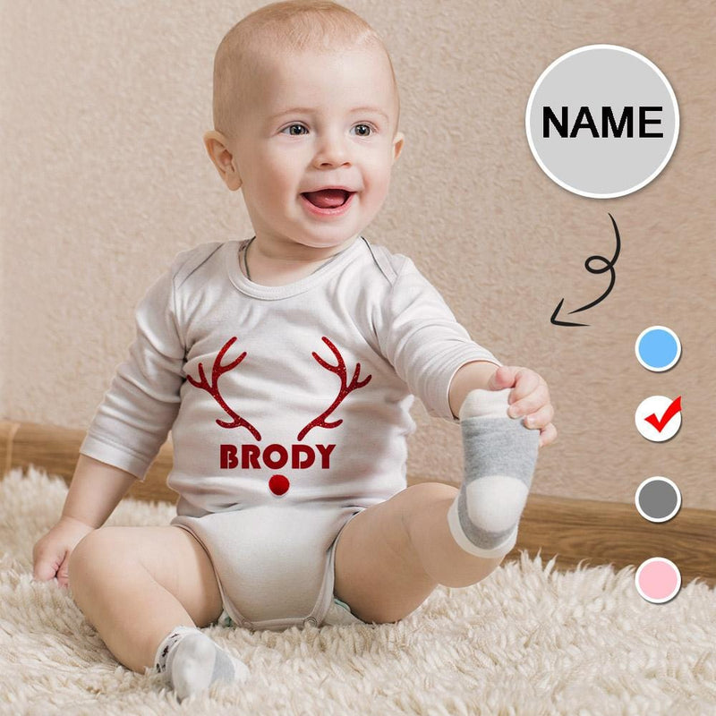 FacePajamas Baby Pajama 3 MONTHS / White Custom Name Elk Antlers Infant Bodysuit One Piece Jumpsuit Personalized Long Sleeve Rompers Baby Clothes