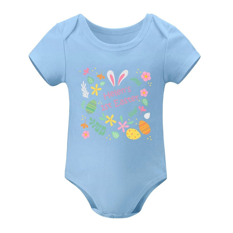 FacePajamas Baby Pajama 3months / Blue Custom Name Happy Flowers Newborn Baby Bodysuit Girls Boys Baby Jumpsuit Personalized Summer Bubble Romper