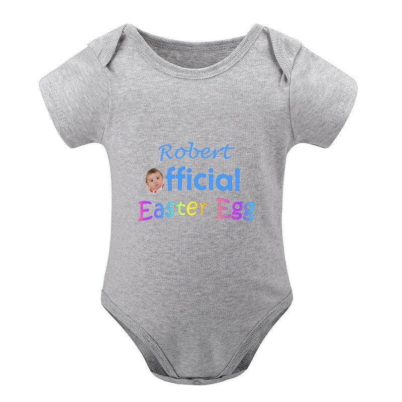 FacePajamas Baby Pajama 3months / Grey Custom Face&Name Easter Egg Newborn Baby Bodysuit Girls Boys Baby Jumpsuit Personalized Summer Bubble Romper