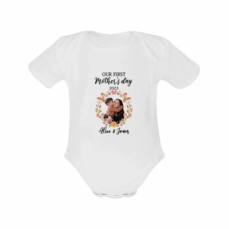 FacePajamas Mother-kid Pajamas 3months Newborn Baby Jumpsuit Custom Face Garland Our First Mother's Day White Baby Bodysuit Personalized Mother-kid Matching Nightwear Mother's Day & Birthday Gift