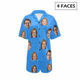 FacePajamas Pajama 4 Faces / Blue / S #Plus Size Pajama Set-[Up To 4 Faces] Custom Face Solid Color Loungewear Personalized Photo Sleepwear Women's V-Neck Short Pajama Set