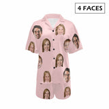 FacePajamas Pajama 4 Faces / Pink / S #Plus Size Pajama Set-[Up To 4 Faces] Custom Face Solid Color Loungewear Personalized Photo Sleepwear Women's V-Neck Short Pajama Set