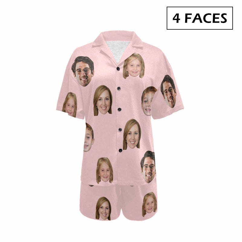 FacePajamas Pajama 4 Faces / Pink / S [Up To 4 Faces] Custom Face Pajama Set Solid Color Loungewear Personalized Photo Sleepwear Women's V-Neck Short Pajama Set