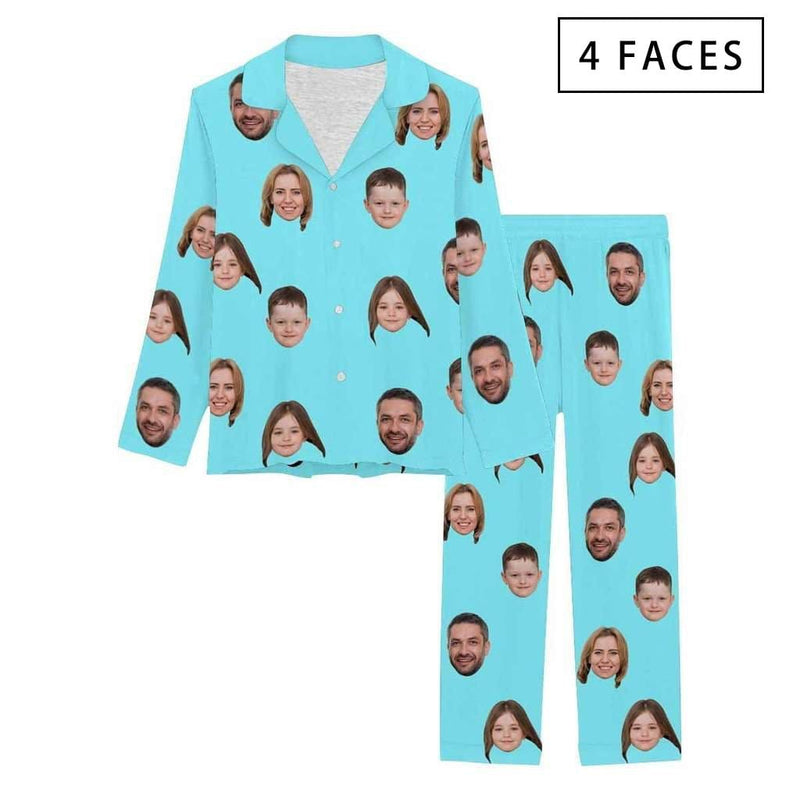 FacePajamas Pajama 4 Faces / Sky blue / XS [Up To 4 Faces] Persoanlized Sleepwear Custom Photo Funny Pajamas With Faces On Them Women's Long Pajama Set