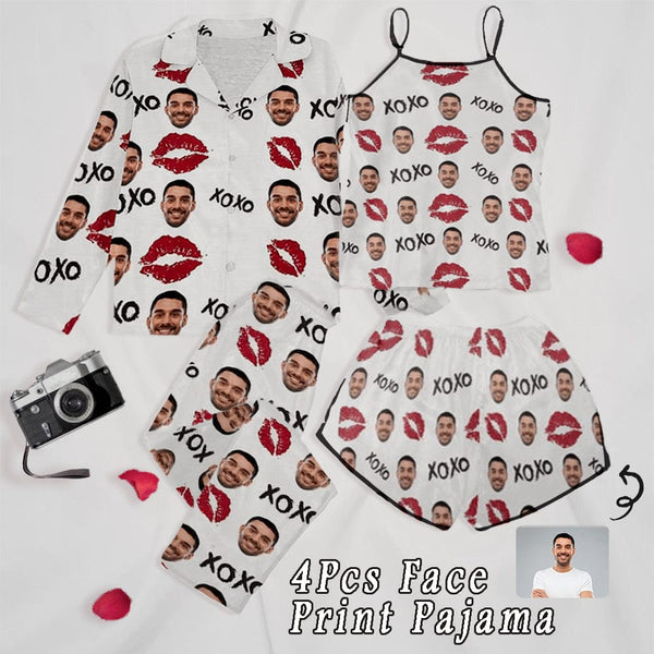 FacePajamas Mix Pajama-2ML 4 Pcs-Long Sleeve+Cami Set / S 4 Pcs Face Print Pajamas-Custom Boyfriend Face XOXO Red Lips Nightwear Personalized Women's Long Pajamas & Women's Sexy Cami Pajama Set