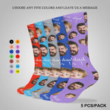 FacePajamas Sublimated Crew Socks-2WH-SDS 5PCS(Different Color) Fathers Day Socks With Custom Dad Kid Face Black Background Personalized Sublimated Crew Socks Gift For Australian Father's Day