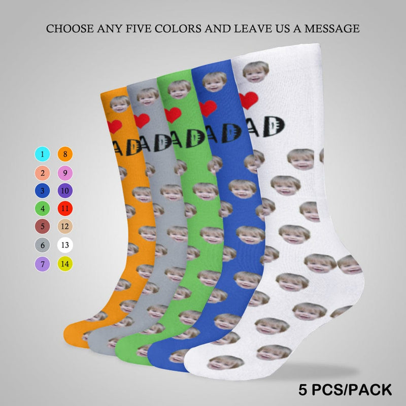 FacePajamas Sublimated Crew Socks-2WH-SDS 5PCS(Different Color) Fathers Day Socks With Custom Face I Love Dad Blue Background Personalized Sublimated Crew Socks Gift For Australian Father's Day