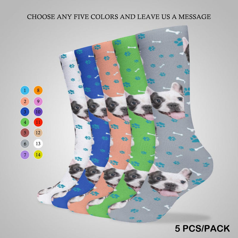 FacePajamas Sublimated Crew Socks-2WH-SDS 5PCS(Different Color) Personalised Pet Socks Dog Face Bone Blue Background Custom Sock with Dog Picture Sublimated Crew Socks
