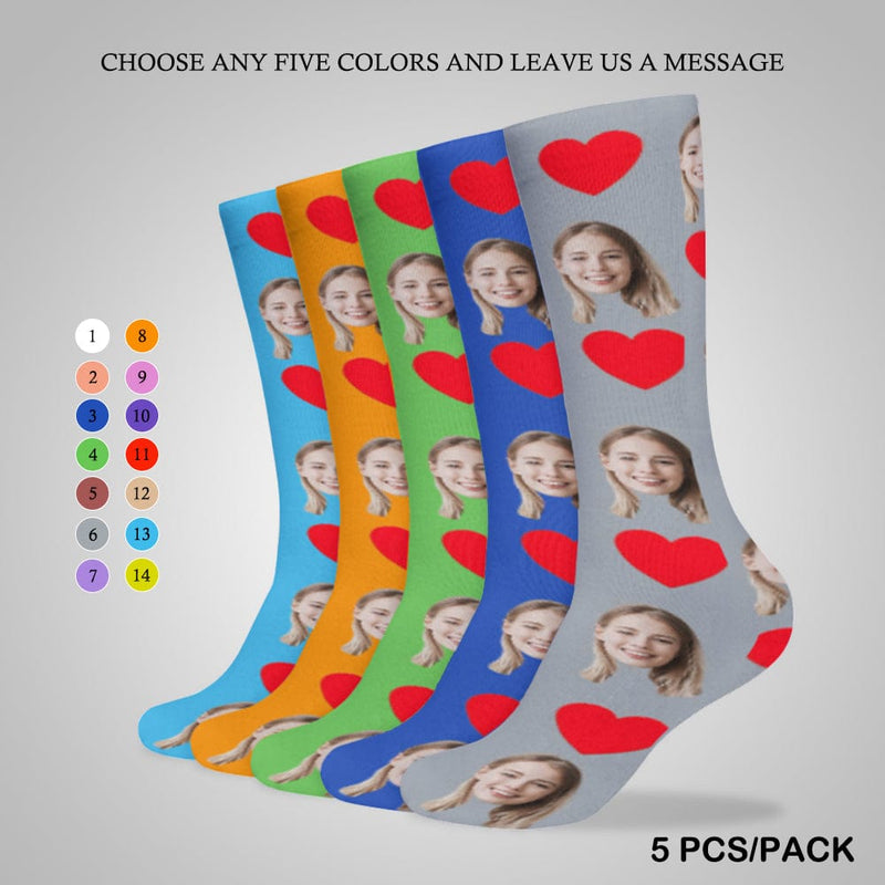 FacePajamas Sublimated Crew Socks-2WH-SDS 5PCS(Different Color) Red Heart Socks with Face Custom Personalized White Background Sublimated Crew Socks