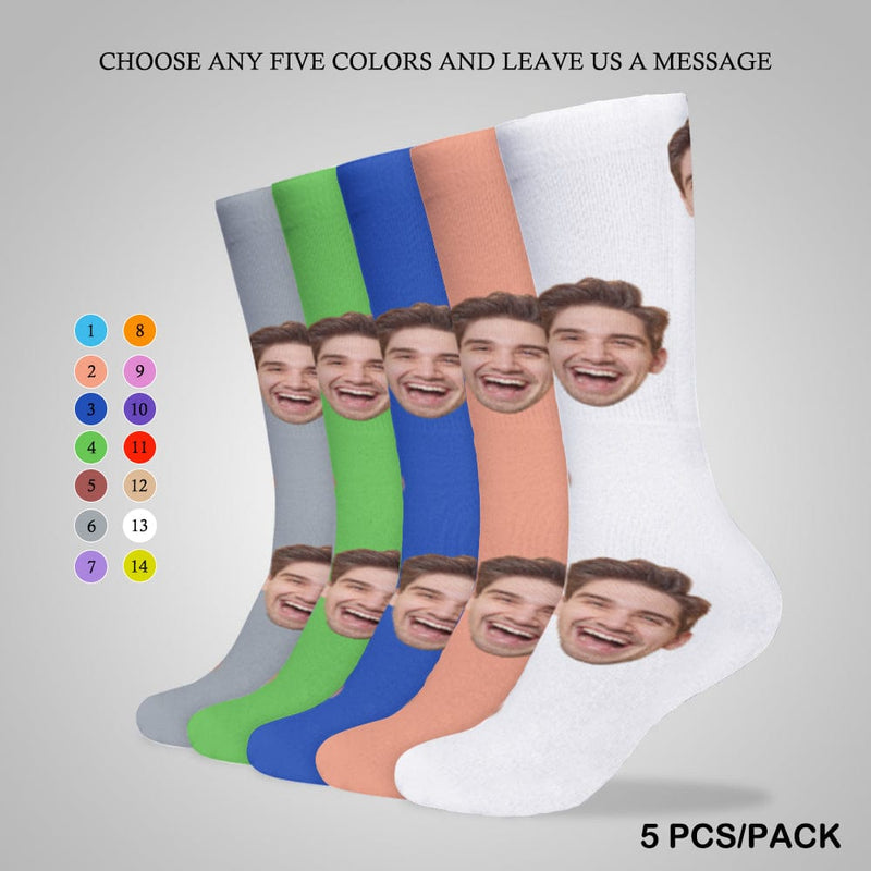 FacePajamas Sublimated Crew Socks-2WH-SDS 5PCS(Different Colors) Custom Face Sublimated Crew Socks Blue Background Socks Personalized Funny Photo Socks Gift