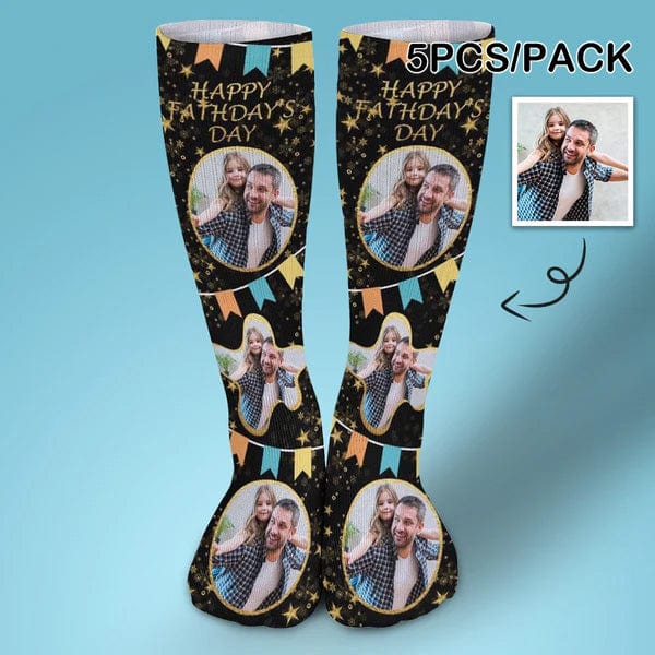 FacePajamas Sublimated Crew Socks-2WH-SDS 5PCS Fathers Day Socks With Custom Photo Star Happy Father's Day Personalized Sublimated Crew Socks Gift For Australian Father's Day