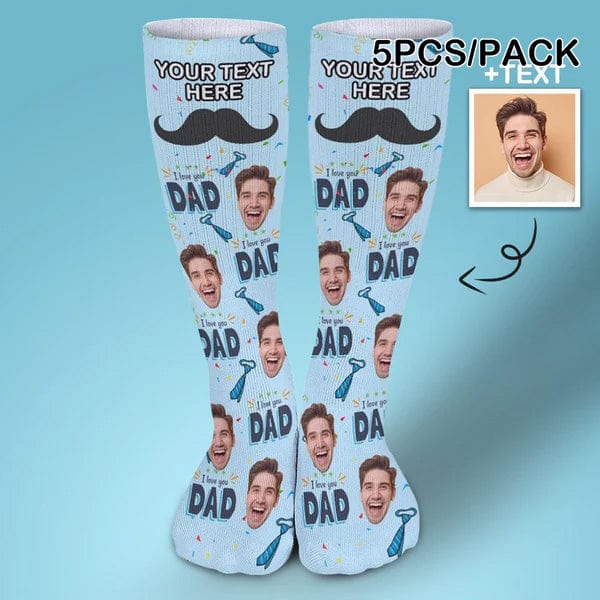 FacePajamas Sublimated Crew Socks-2WH-SDS 5PCS Fathers Day Socks With Custom Text & Face Beard Blue Background Personalized Sublimated Crew Socks Gift For Australian Father's Day