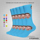 FacePajamas Sublimated Crew Socks-2WH-SDS 5PCS(One Color) Custom Face Sublimated Crew Socks Blue Background Socks Personalized Funny Photo Socks Gift