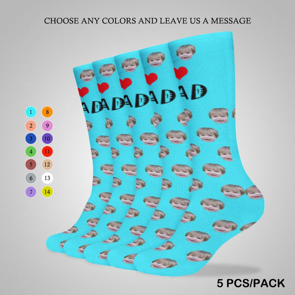 FacePajamas Sublimated Crew Socks-2WH-SDS 5PCS(One Color) Fathers Day Socks With Custom Face I Love Dad Blue Background Personalized Sublimated Crew Socks Gift For Australian Father's Day
