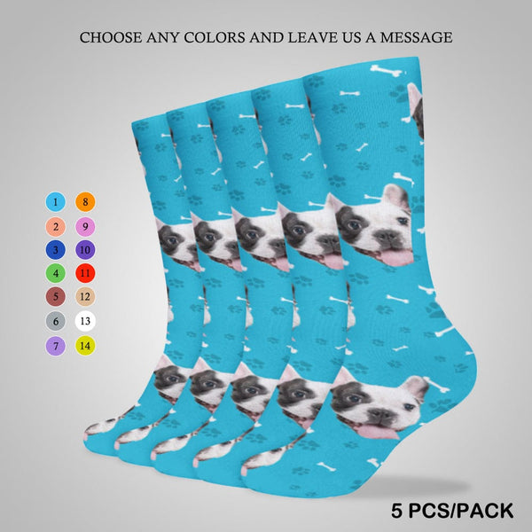 FacePajamas Sublimated Crew Socks-2WH-SDS 5PCS(One Color) Personalised Pet Socks Dog Face Bone Blue Background Custom Sock with Dog Picture Sublimated Crew Socks