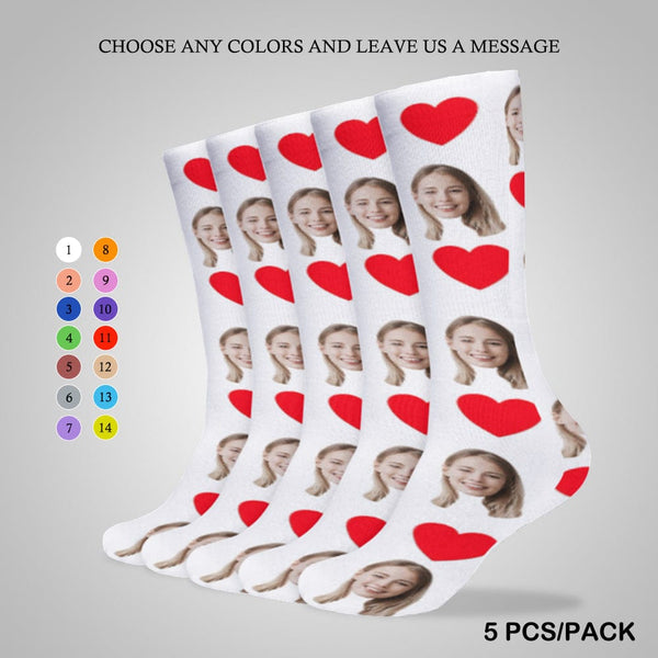 FacePajamas Sublimated Crew Socks-2WH-SDS 5PCS(One Color) Red Heart Socks with Face Custom Personalized White Background Sublimated Crew Socks
