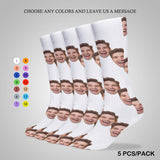 FacePajamas Sublimated Crew Socks-2WH-SDS 5PCS(One Color) Socks with Custom Faces White Background Funny Personalized Sublimated Crew Socks Gift for Family Friends