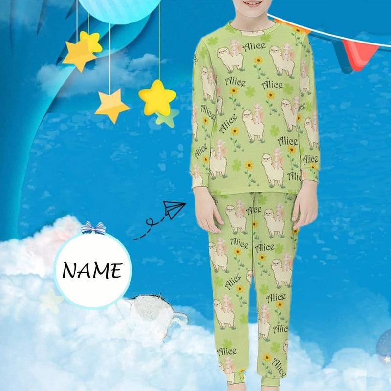 FacePajamas Pajama 6-7Y(XS) Custom Name Pjs Alpaca Sleepwear Personalized Green Kids Long Sleeve Pajama Set