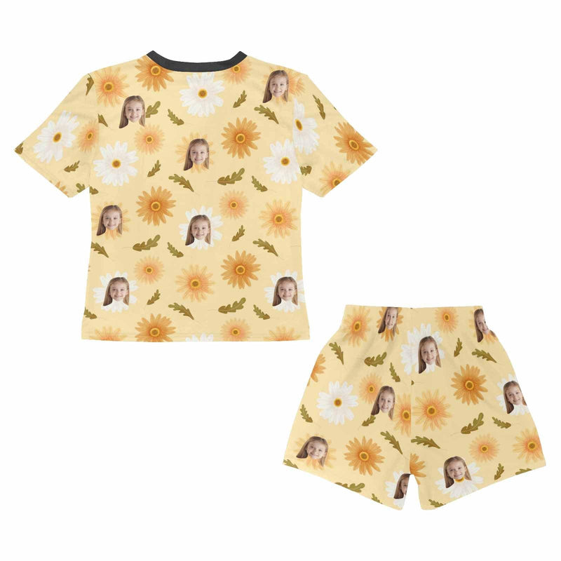 FacePajamas Pajama Big Kids Pajamas Custom Face Yellow Flowers Sleepwear Personalized Kids' Short Sleeve Pajama Set For Girls 8-15Y