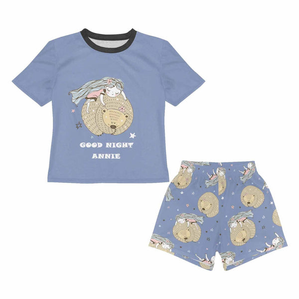 FacePajamas Pajama Big Kids Pajamas Custom Text Good Night Bear Sleepwear Personalized Kids' Short Pajama Set For Girls 8-15Y