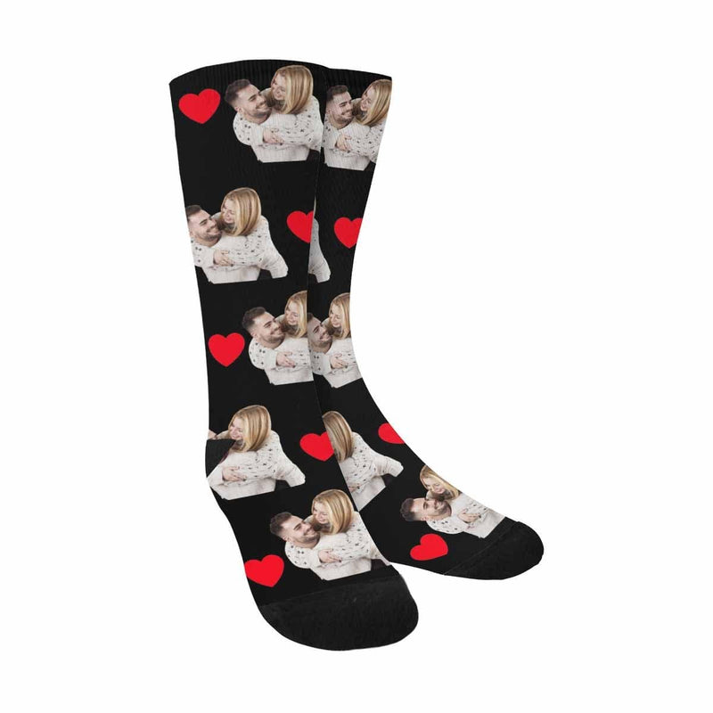 FacePajamas Sublimated Crew Socks Black Custom Face Couple Socks Love Heart Sublimated Crew Socks Personalized Picture Socks Unisex Gift for Men Women