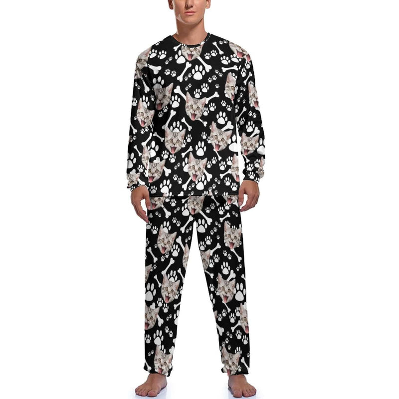 FacePajamas Pajama Black / S Personalized Photo Crewneck Long Pet Pajama Set Custom Face Cat's Footprints Men's Pajamas