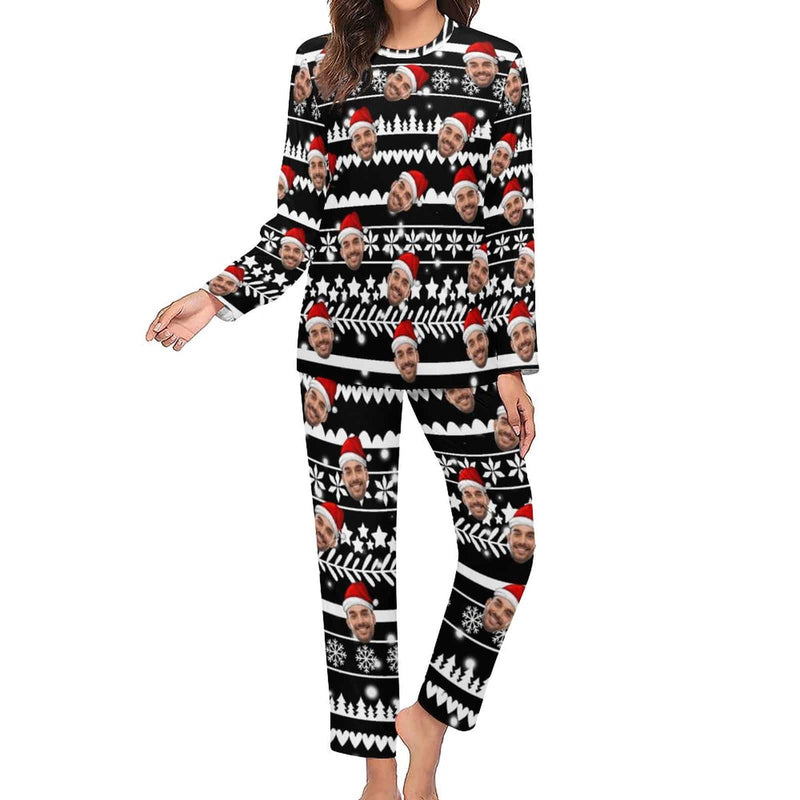 FacePajamas Pajama Black / Women/XS Custom Face Christmas Pattern Sleepwear Personalized Family Matching Long Sleeve Pajamas Set