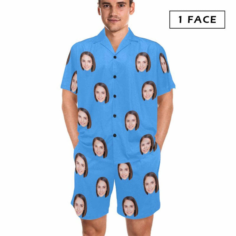 FacePajamas Pajama Blue / 1 Face / S Custom Lover Face Pajamas for Him Summer Loungewear Personalized Men's V-Neck Short Sleeve Pajama Set