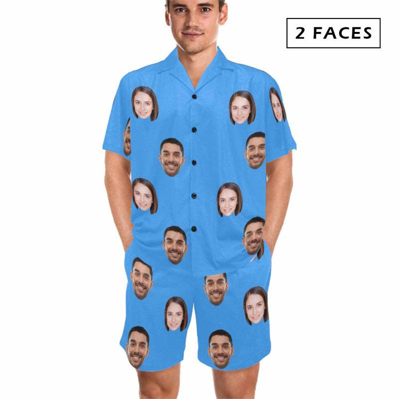 FacePajamas Pajama Blue / 2 Faces / S Custom Lover Face Pajamas for Him Summer Loungewear Personalized Men's V-Neck Short Sleeve Pajama Set