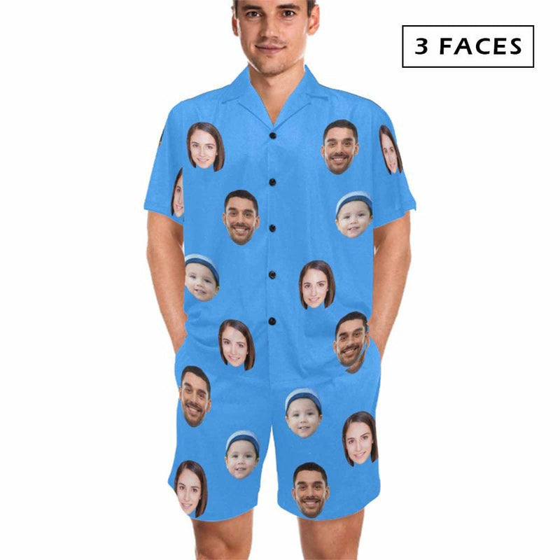 FacePajamas Pajama Blue / 3 Faces / S Custom Lover Face Pajamas for Him Summer Loungewear Personalized Men's V-Neck Short Sleeve Pajama Set