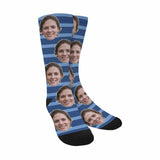 FacePajamas Sublimated Crew Socks Blue Custom Face Stripes Socks Personalized Photo Sublimated Crew Socks Unisex Gift for Men Women