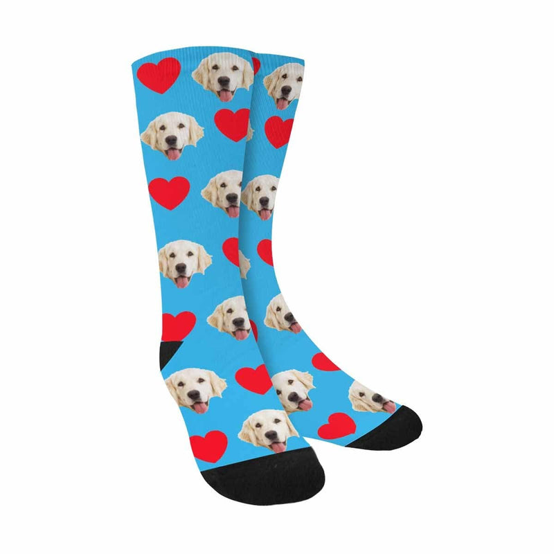 FacePajamas Sublimated Crew Socks Blue Custom Pet Socks Funny Printed Heart Dog Sublimated Crew Socks Personalized Photo Unisex Gift for Men Women