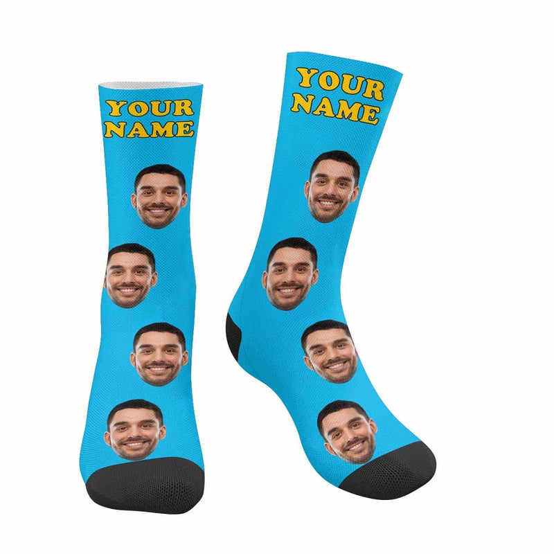 FacePajamas Sublimated Crew Socks Blue Face on Socks Custom Name Printed Photo Socks Personalized Hello Boyfriend Sublimated Crew Socks