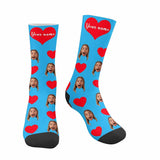 FacePajamas Sublimated Crew Socks Blue Happy Mother's Day | Custom Face&Name Red Heart Socks Personalized Cute Girlfriend Sublimated Crew Socks for Mom