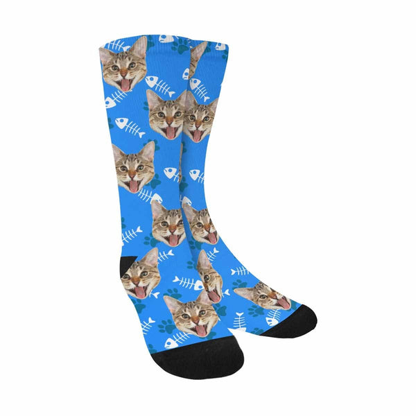 FacePajamas Sublimated Crew Socks Blue Personalised Pet Socks Custom Sublimated Crew Socks with Cat Face Funny Printed Photo Pet Socks Unisex Gift