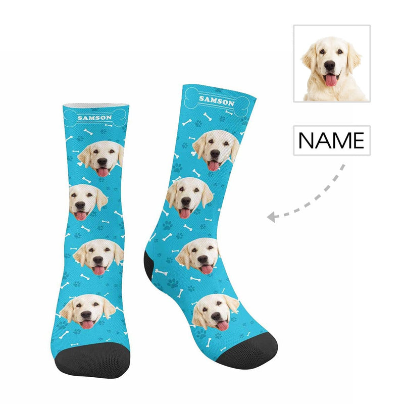 FacePajamas Sublimated Crew Socks Blue Personalized Pet Photo Socks Custom Face&Name Printed Socks I Love My Pet Sublimated Crew Socks