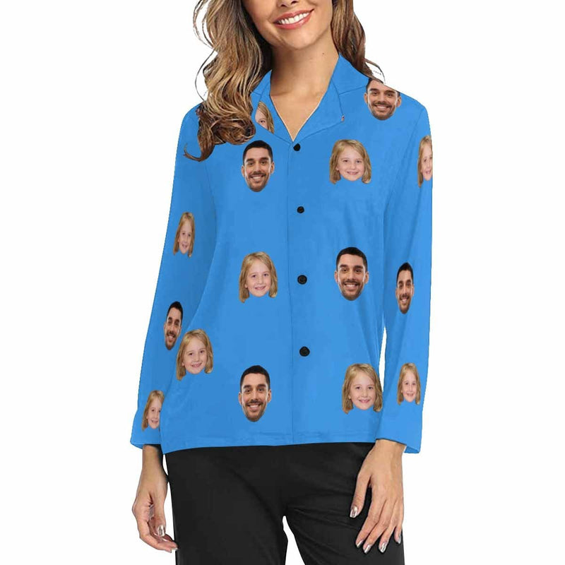 FacePajamas Pajama Blue Shirt / XS Custom My Family Face Nightwear Personalized Women's Slumber Party Long Pajama Shirt&Pants