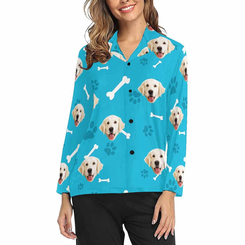 FacePajamas Pajama Blue Shirt / XS Custom Photo My Pet Dog Sleepwear Personalized Women's Slumber Party Long Pajama Shirt&Pants