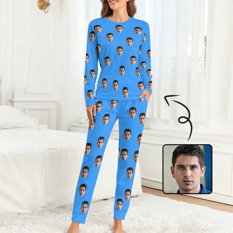 FacePajamas Pajama Blue / XS Custom Boyfriend Face Simple Sleepwear Personalized Women's Slumber Party Crewneck Long Pajamas Set