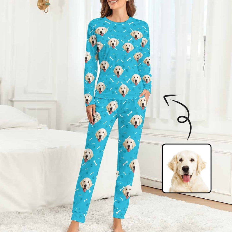 FacePajamas Pajama Blue / XS Custom Pet Dog's Face Bone & Footprint Sleepwear Personalized Women's Slumber Party Crewneck Long Pajamas Set