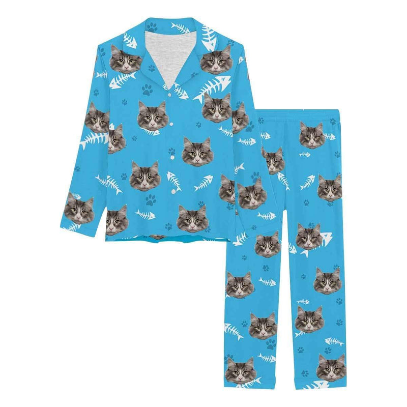 FacePajamas Pajama Cat / Blue / XS Custom Face Pajamas My Pet Dog Paw and Bone Sleepwear Personalized Women's Long Pajama Set