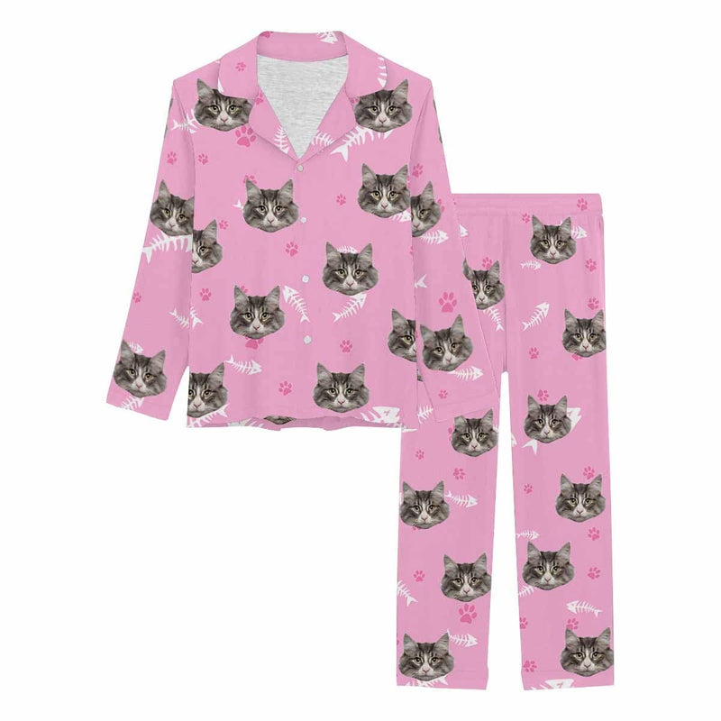 FacePajamas Pajama Cat / Pink / XS Custom Photo Cat Paw and Fish Bone Sleepwear Personalized Women's Slumber Party Long Pajama Set
