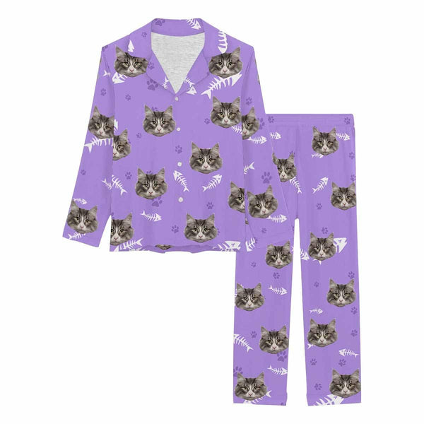 FacePajamas Pajama Cat / Purple / XS Custom Photo Cat Paw and Fish Bone Sleepwear Personalized Women's Slumber Party Long Pajama Set