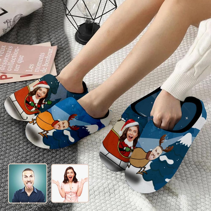 FacePajamas Slippers Couple Gift Blue Custom Face Christmas Sleigh All Over Print Personalized Non-Slip Cotton Slippers For Girlfriend Boyfriend