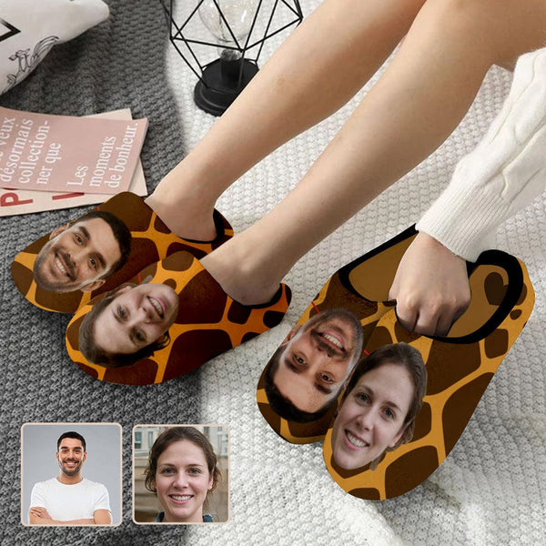 FacePajamas Slippers Couple Gift Custom Face Leopard Print All Over Print Personalized Non-Slip Cotton Slippers For Girlfriend Boyfriend
